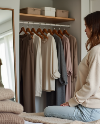Femme sélectionnant des vêtements dans une garde-robe capsule élégante