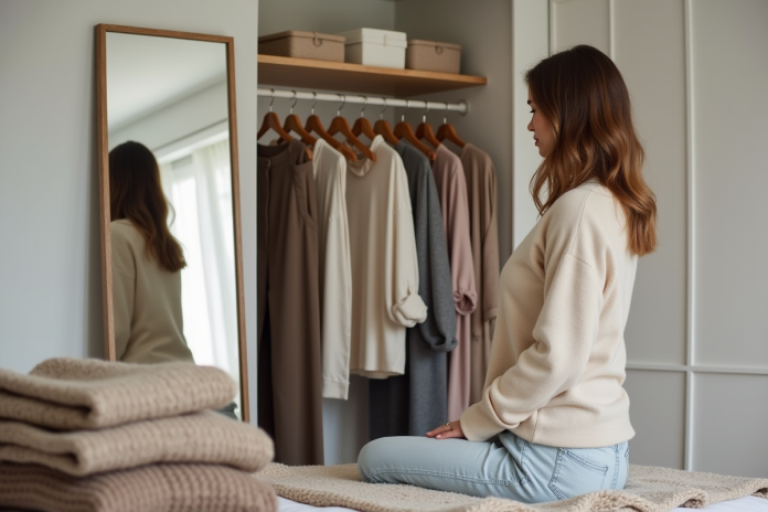 Femme sélectionnant des vêtements dans une garde-robe capsule élégante