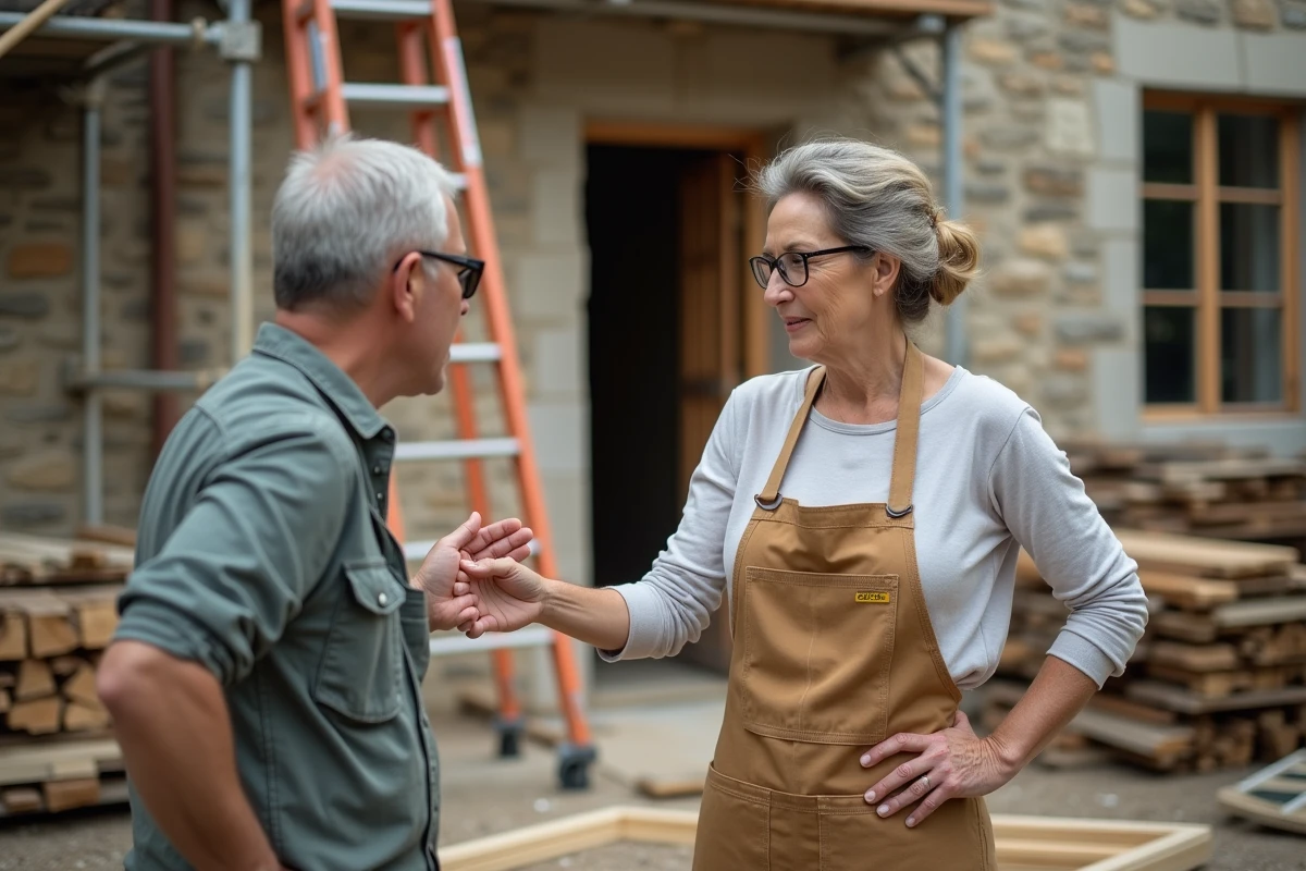 Craftswoman montrant des fenêtres en bois à un propriétaire extérieur