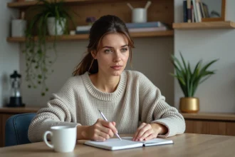 Femme assise à la cuisine prenant des notes avec son smartphone