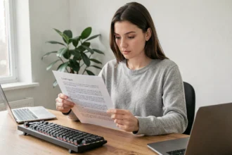 Femme développeuse web lisant un document avec du texte Lorem Ipsum sur un bureau moderne