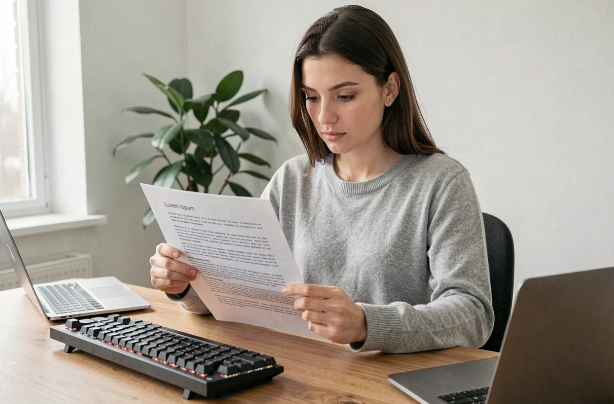 Femme développeuse web lisant un document avec du texte Lorem Ipsum sur un bureau moderne