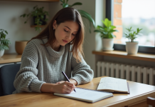 Femme écrivant dans un carnet dans un intérieur calme