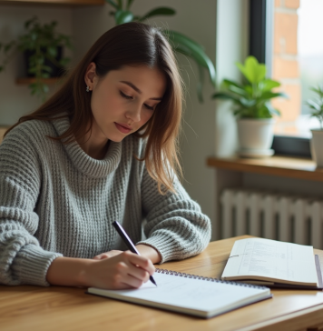 Cahier comptes : comment bien choisir pour sa gestion financière ? Femme écrivant dans un carnet dans un intérieur calme