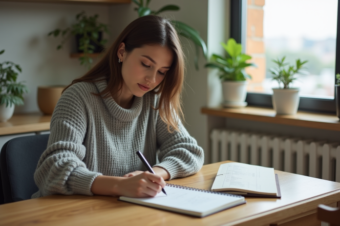 Femme écrivant dans un carnet dans un intérieur calme