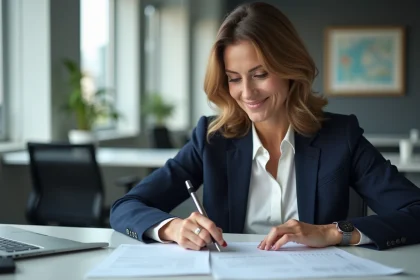 Femme d'&acirc;ge moyen en bureau &agrave; Paris avec documents financiers