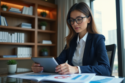 Femme d'affaires en costume bleu dans un bureau moderne