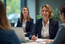 Femme souriante en formation interactive en entreprise