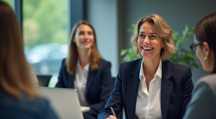 Femme souriante en formation interactive en entreprise