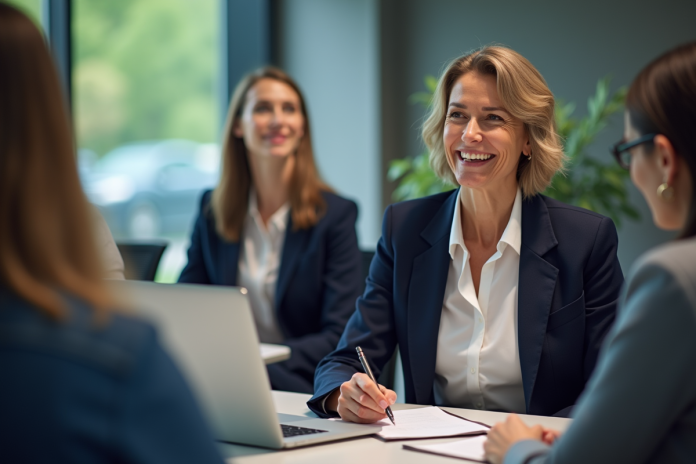 Femme souriante en formation interactive en entreprise