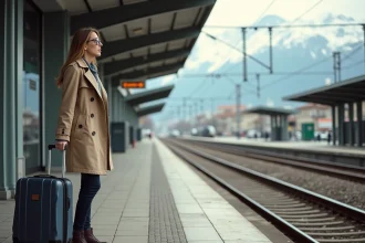 Femme avec valise regardant les Alpes depuis la gare de Genève