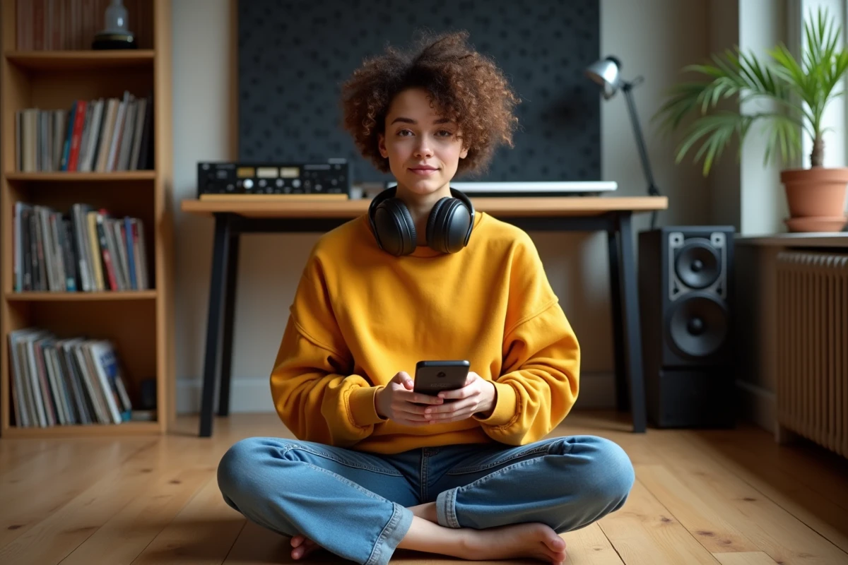 Jeune femme mesurant le niveau sonore avec une application calculatrice décibels dans un home studio