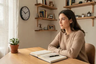 Femme contemplative regardant une horloge affichant 11h11 dans un bureau minimaliste, carnet ouvert devant elle pour le développement personnel