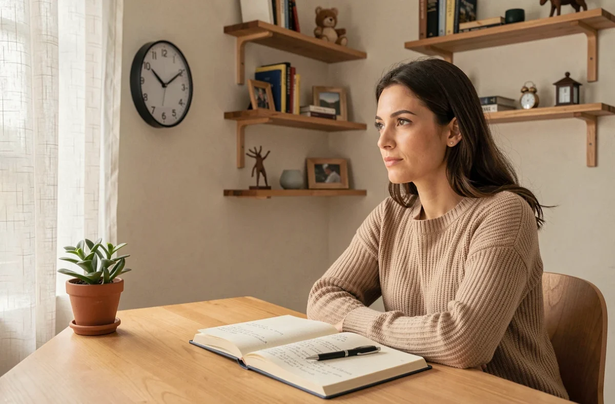Femme contemplative regardant une horloge affichant 11h11 dans un bureau minimaliste, carnet ouvert devant elle pour le développement personnel