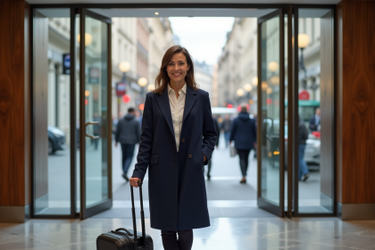Femme souriante en voyage à Nantes dans un hôtel moderne