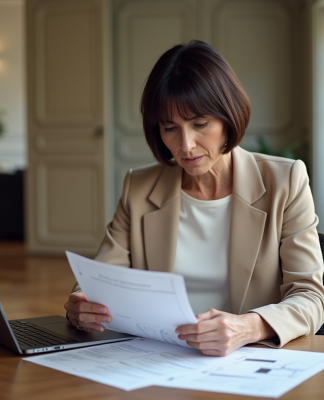 Femme française examinant documents de location immobilière