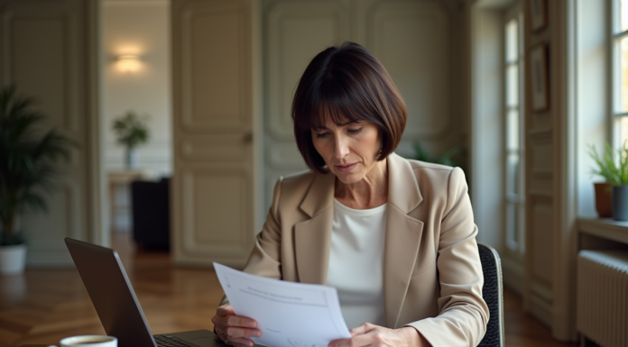 Femme française examinant documents de location immobilière