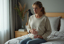 Maladies graves des intestins : symptômes, causes et traitements possibles Femme d'âge moyen préoccupée touchant son abdomen