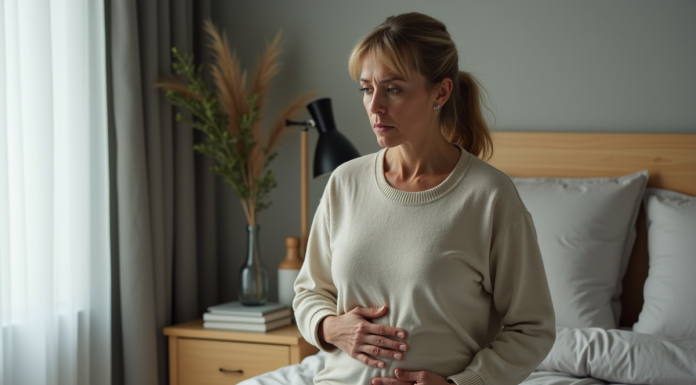 Femme d'âge moyen préoccupée touchant son abdomen