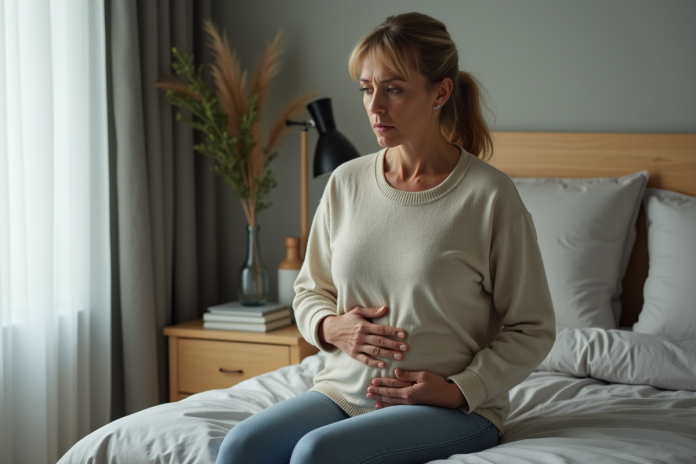 femme-inquiete-souffrance-abdominale Femme d'âge moyen préoccupée touchant son abdomen