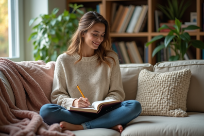 Femme souriante en train de journaler dans un salon lumineux