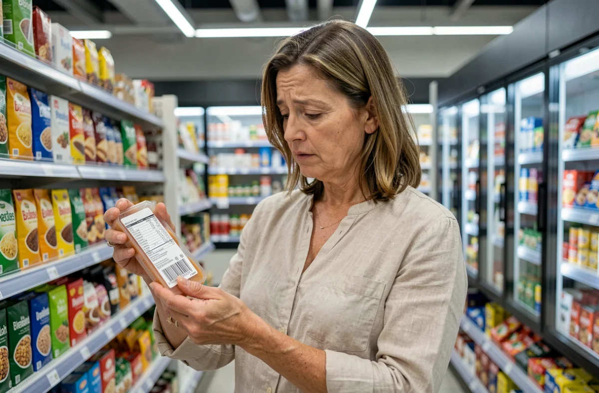 Femme examinant le code-barres d'un produit alimentaire en supermarché pour vérifier son origine