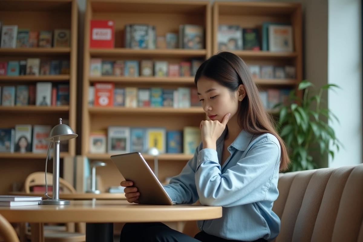 Femme parcourant des titres manhwa sur une tablette dans une bibliothèque moderne avec des étagères remplies de bandes dessinées