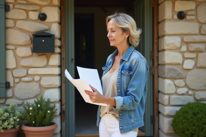 Femme d'âge moyen lisant un document devant une maison