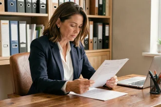 Femme professionnelle lisant une lettre de recours administratif à son bureau