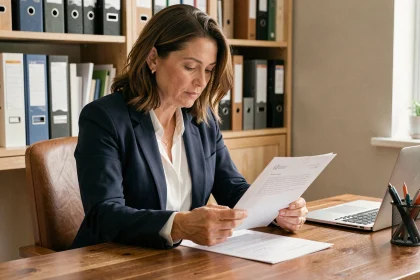 Femme professionnelle lisant une lettre de recours administratif à son bureau