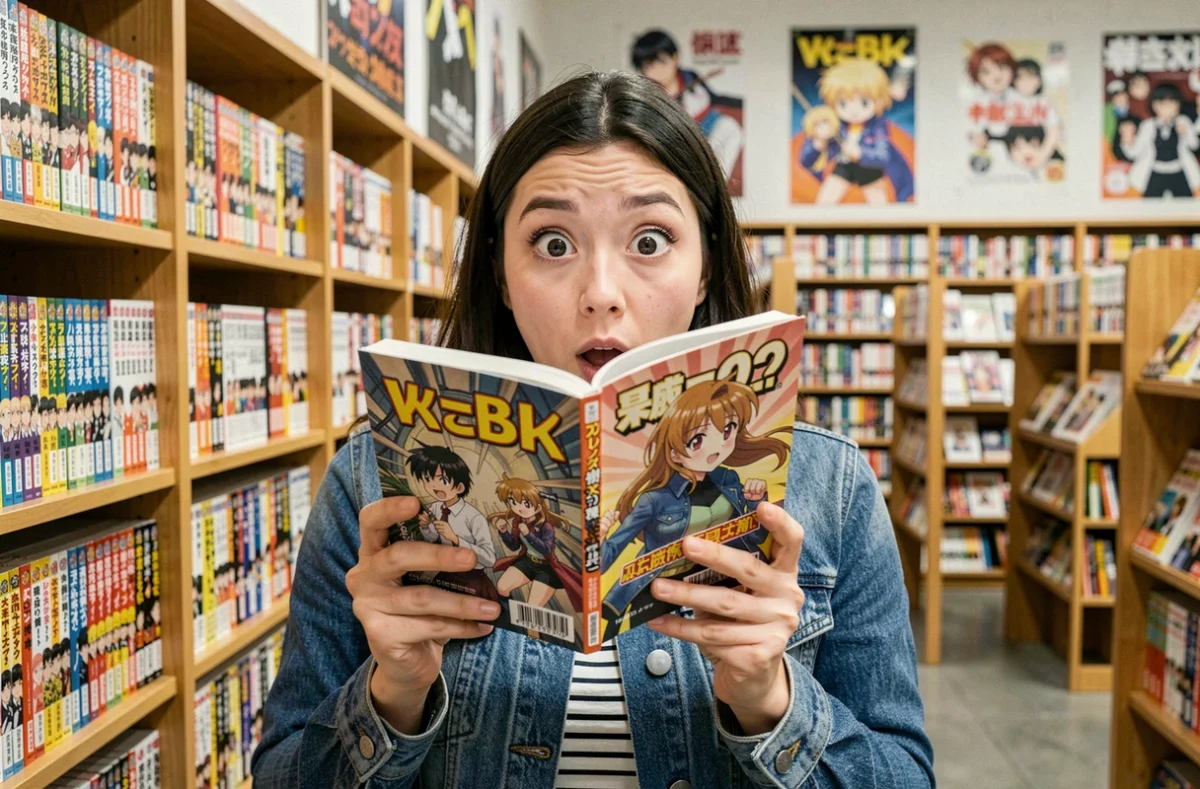 Femme surprise en train de lire un tome de manga dans une librairie spécialisée en bandes dessinées