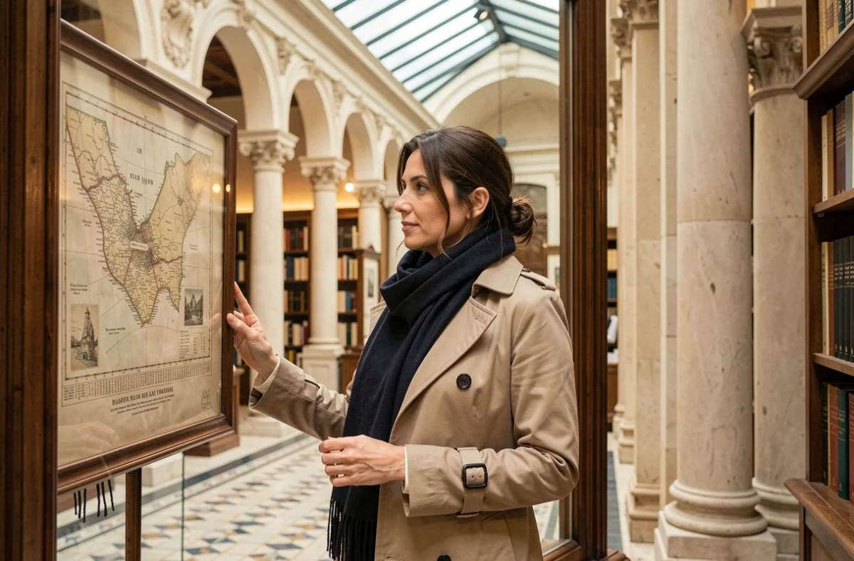 Femme élégante observant des gravures anciennes dans une librairie du Passage Vivienne à Paris