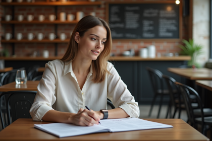 Femme en blouse assise à un café en train de lire des documents juridiques