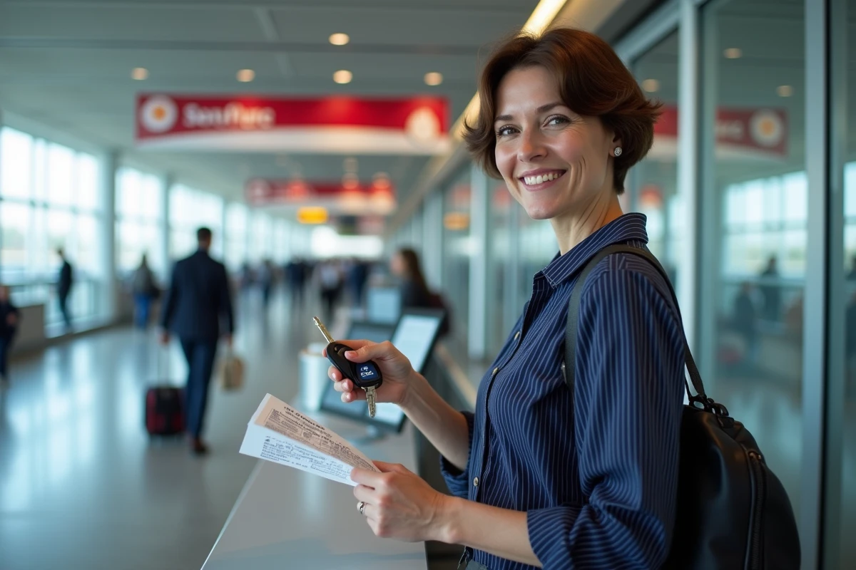 Femme récupérant une location de voiture gratuite grâce au programme Avis Rend Gratuit