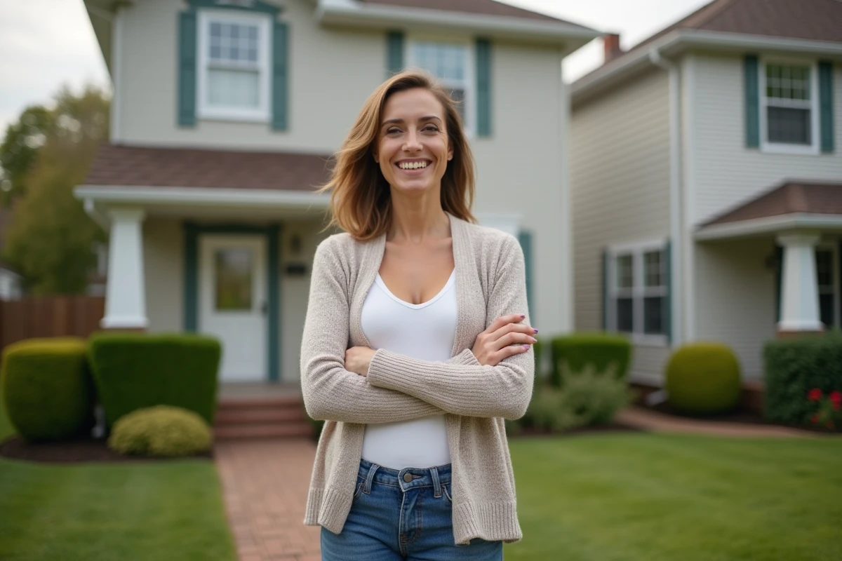 Femme souriante devant sa maison en extérieur