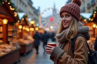 Femme souriante buvant vin chaud au marché de Noël à Lyon