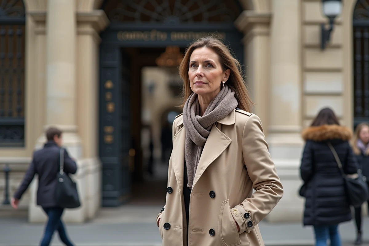 Femme &eacute;l&eacute;gante marche dans une rue parisienne historique
