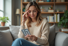 Stress : quel médicament efficace choisir pour le soulager ? Femme réfléchissant avec médicament dans un salon lumineux