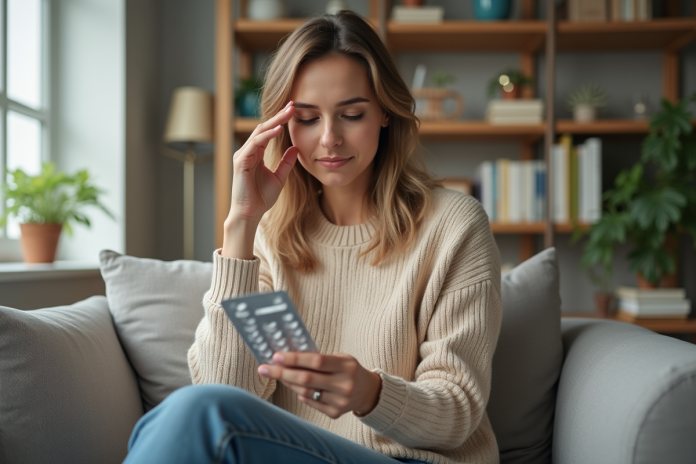 femme-medication-salon Femme réfléchissant avec médicament dans un salon lumineux