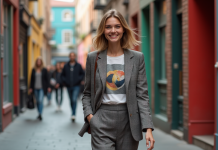 Look iconique : obtenir un style unique en 5 étapes faciles ! Femme élégante en blazer à carreaux dans la rue urbaine