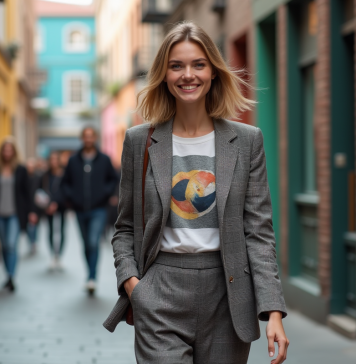 Look iconique : obtenir un style unique en 5 étapes faciles ! Femme élégante en blazer à carreaux dans la rue urbaine