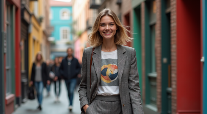 Femme élégante en blazer à carreaux dans la rue urbaine