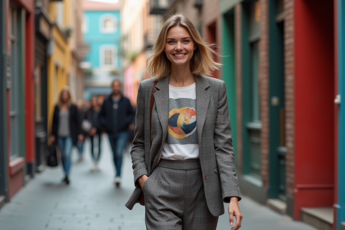 femme-mode-urbaine-style Femme élégante en blazer à carreaux dans la rue urbaine