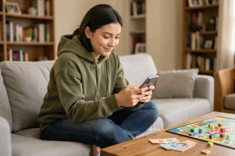 Jeune femme jouant à Monopoly GO sur smartphone avec un plateau de Monopoly visible en arrière-plan