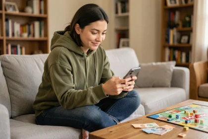 Jeune femme jouant à Monopoly GO sur smartphone avec un plateau de Monopoly visible en arrière-plan