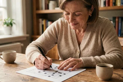 Femme remplissant une grille de mots fléchés avec un stylo à une table en bois, puzzle imprimé visible en détail