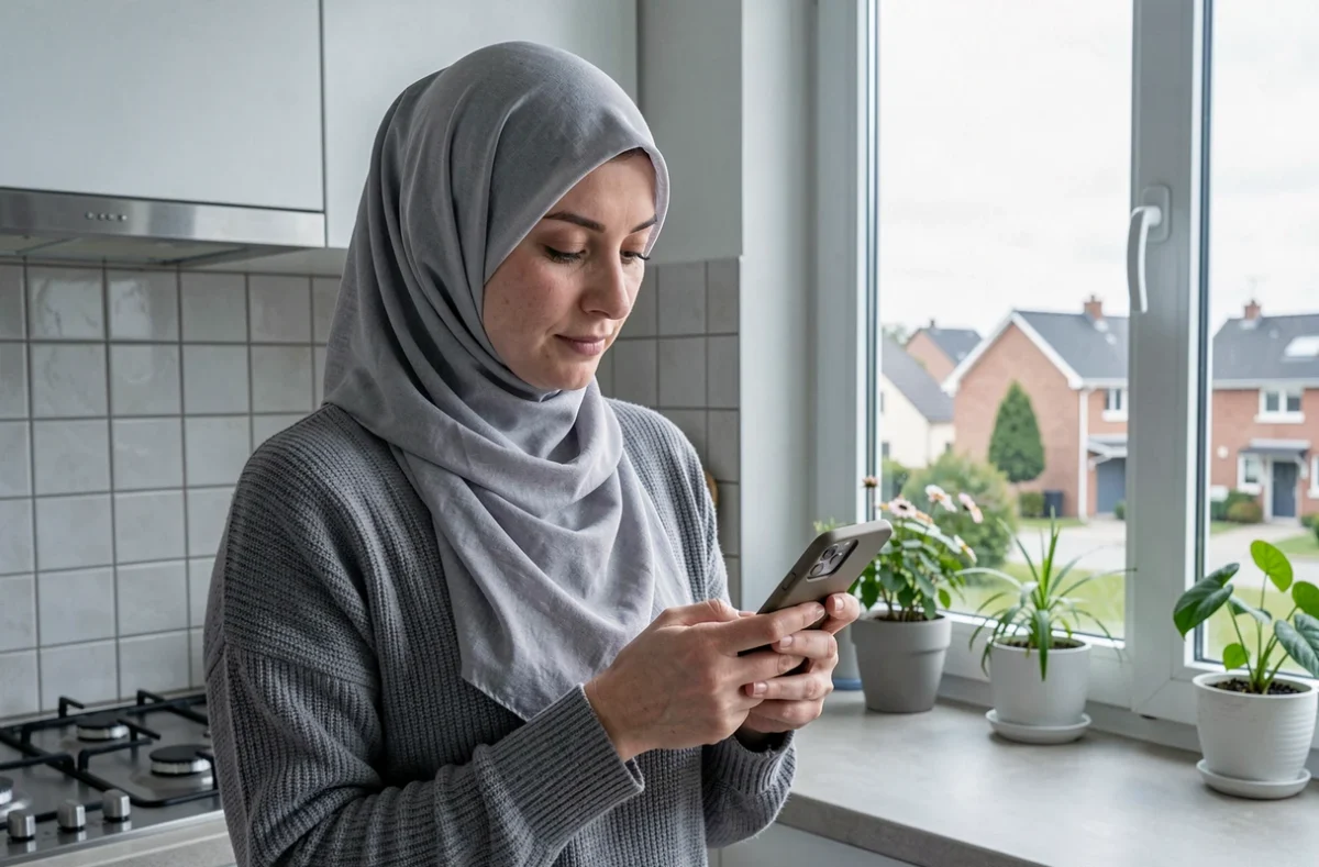 Femme musulmane recevant une alerte de prière sur son téléphone dans sa cuisine à Argenteuil