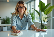 Femme en tenue écologique nettoyant un bureau moderne