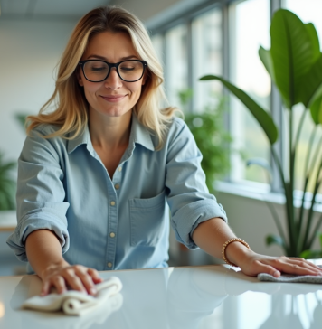 Objectif du bio nettoyage : approche écologique et efficace pour un environnement sain Femme en tenue écologique nettoyant un bureau moderne
