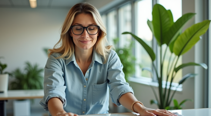 Femme en tenue écologique nettoyant un bureau moderne